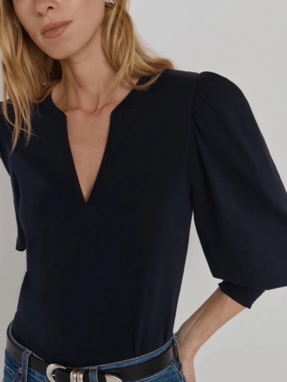 Nation LTD Black Puff-Sleeve V-Neck Long Sleeve Top